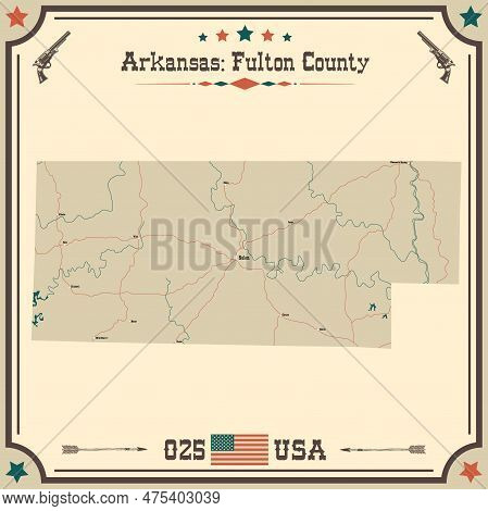 Large And Accurate Map Of Fulton County, Arkansas, Usa With Vintage Colors.