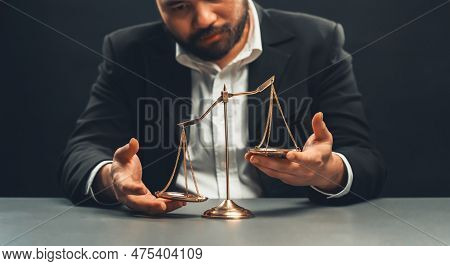 Lawyer Or Judge In Formal Black Suit Hold Unbalanced Scale With Expression Of Disappointment Trying 