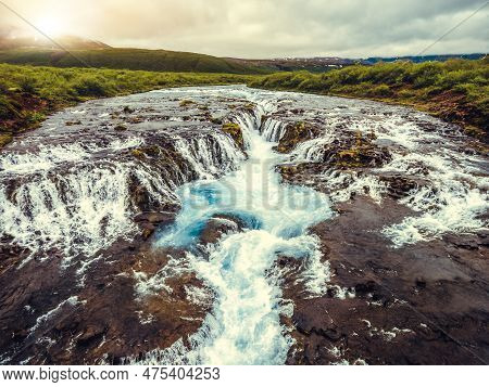 Aerial View Landscape Of Bruarfoss Waterfall In Brekkuskogur, Iceland. Bruarfoss Waterfall Is The Fa