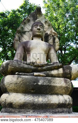 Ancient Buddha Attitude Of Meditation Protected Cover Head By Mythical Serpent Or Antique Naga Prok