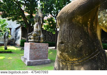 Ancient Buddha Attitude Of Meditation Protected Cover Head By Mythical Serpent Or Antique Naga Prok 