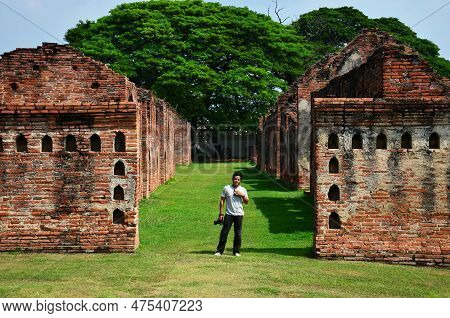 Thai Men Photographer Travelers People Travel Visit And Use Digital Camera Shooting Ancient Ruins Bu