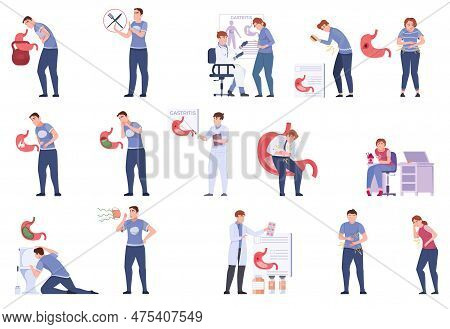 Gastro Gastritis Flat Set With Isolated Icons Of People Suffering From Intestinal Diseases With Stom