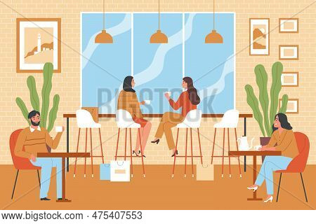 Flat Modern Coffee Shop Interior With People Resting And Communicating In Armchairs And On Bar Stool