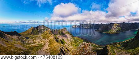 Aerial Panorama Of The Husfjellet Mountain On Senja Island In Northern Norway With Views Over Surrou