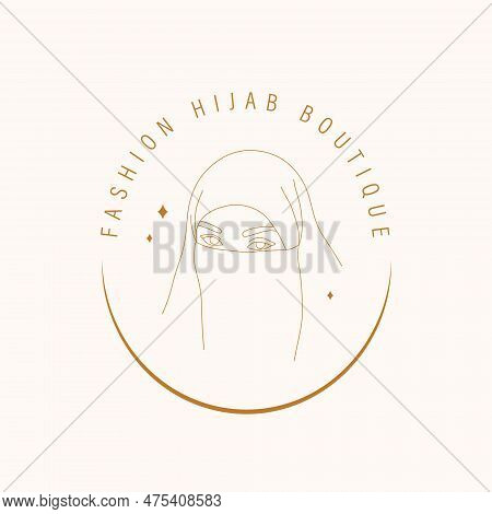 Fashion Hijab Boutique. Vector Logotype Design For Wear Store. Linear Muslim Woman In Niqab. Minimal