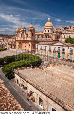 Noto, Sicily, Italy. Aerial Cityscape Image Of Historical City Of Noto, Sicily With Noto Cathedral A