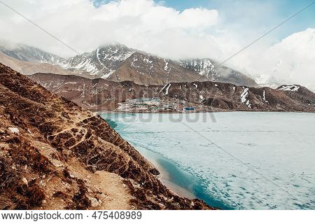 Amazing Blue Gokio Lake Under Ice And Snow, Nepal, Himalayas