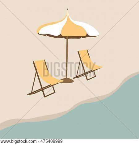 Beach. Illustration Of Resort Sun Loungers, Umbrellas And Coastline With Water. Background Template 