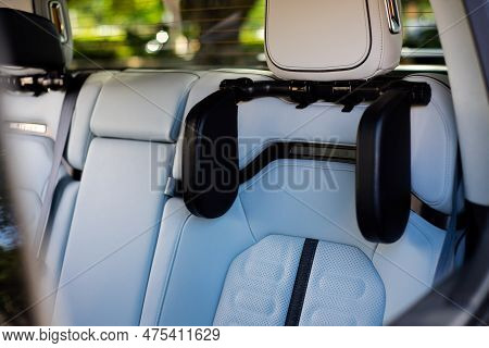Passenger Row Of New Pickup Truck With Neck Pillow Cushion Rest Back On Leather-like Finish Artifici