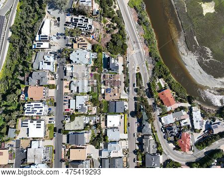 Aerial View Of Wealthy Encinitas Town In San Diego South California, Usa.