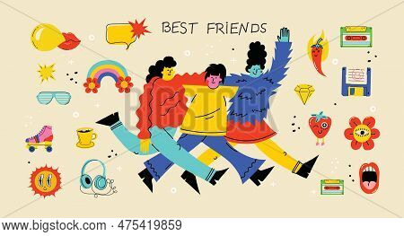 Best Friends Cocept Illustration. Vector Illustration Of Multicultural Girls And Multicultural Frien