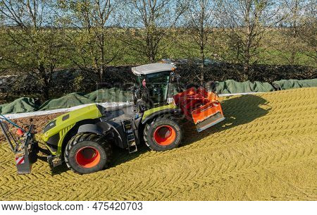 Hamburg, Germany - October 11, 2022: Tractor Claas Xerion 5000 Trac Vc During The Maize Harvest