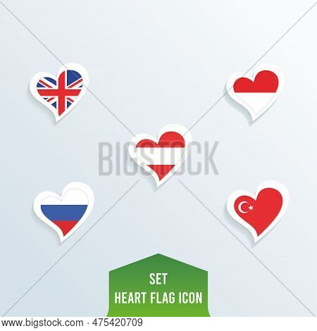 Set Of Different Flags On Heart Shapes Vector Illustration