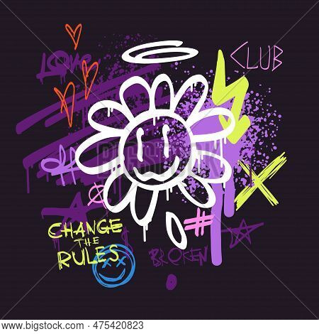 Urban Typography Slogan Change The Rules With Spray Effect. Groovy Street Art Graffiti Print With He