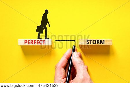 Perfect Storm Symbol. Concept Words Perfect Storm On Beautiful Wooden Block. Beautiful Yellow Table 