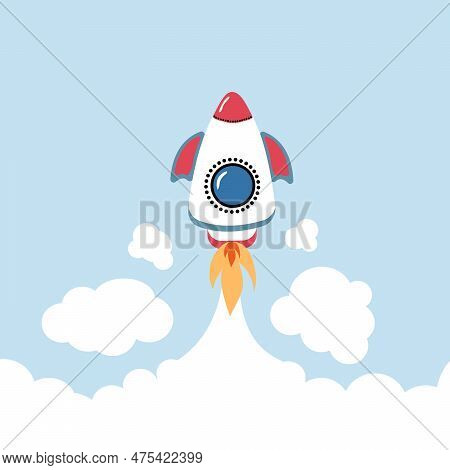 Cartoon Style Spaceship Rocket. Toy Rocket Upswing , Spewing Smoke. Startup, Space, Business Concept