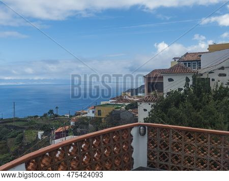 View Of Old Village Agulo With Colorful Traditional Houses, Terraced Fields And Ocean In Green Valle