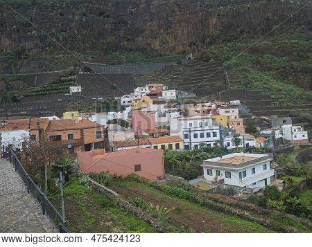 View Of Old Village Agulo With Colorful Traditional Houses, Terraced Fields And Mountain In Green Va