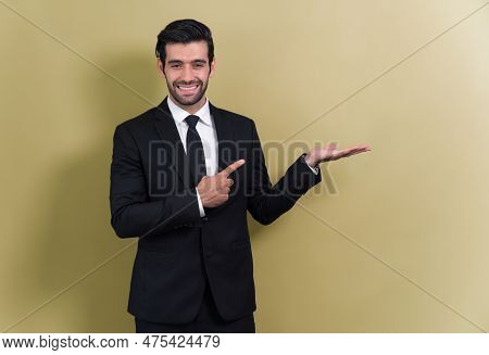 Confident Businessman In Formal Suit Pointing Finger And Hand Holding Gesture To Indicate Promotion 
