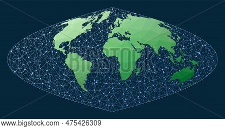 Global Network Concept. Craster Projection. Green Low Poly World Map With Network Background. Radian