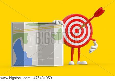 Archery Target And Dart In Center Cartoon Person Character Mascot With Abstract City Plan Map On A Y