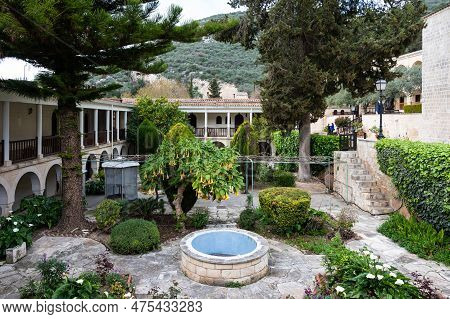 Susuz, Cyprus - March 27, 2023 - Inner Court And Garden Of The Saint Neophytos Monastery