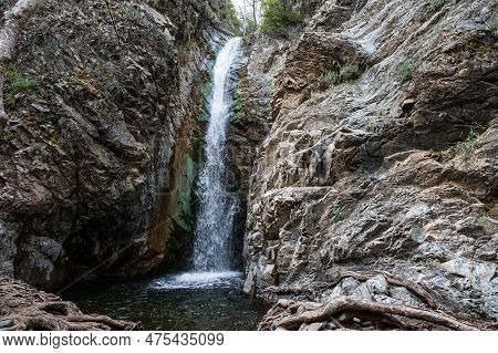 The Millomeris Waterfall With Rocks And Splashing Water, Pano Platres, Cyprus