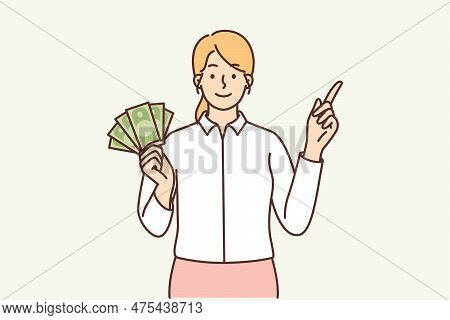 Woman With Banknotes Of Cash In Hands Points Finger To Side Offering To Attend Training Seminar By B