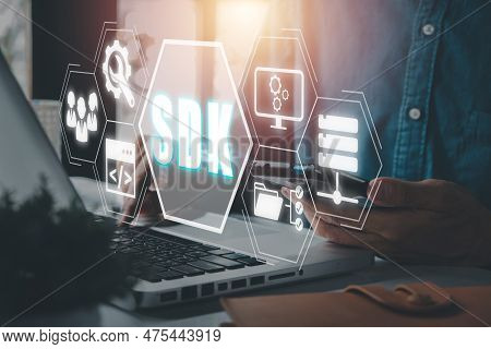 Sdk - Software Development Kit Programming Language Technology Concept, Person Typing Keyboard Compu