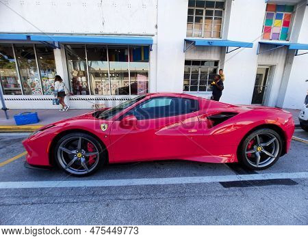 Los Angeles, California Usa - March 24, 2021: Red Ferrari F8 Tributo Luxury Sport Car Side View.