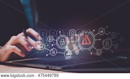 Programmer And Virtual Icons , Exclamation Mark ,alarm,computer Virus Detected ,danger Warning Conce