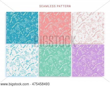 Birthday Seamless Pattern Set Design. Happy Birthday Text With Birthday Elements In Colorful Endless