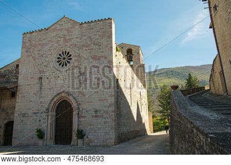 Facade Of Church Of Santa Maria In The Center Of Vallo Di Nera Village, The Church Contains Various 