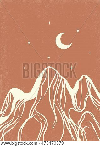 Mountain Minimalist Landscape With White Peaks Illustration. Modern Boho Background With Moon And Mo