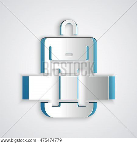 Paper Cut Hiking Backpack Icon Isolated On Grey Background. Camping And Mountain Exploring Backpack.