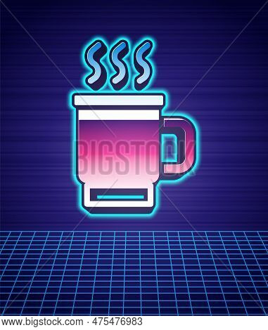 Retro Style Cup Of Tea Icon Isolated Futuristic Landscape Background. 80s Fashion Party. Vector