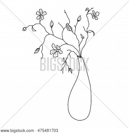 Drawing Of A Shrub Branch With Flowers In A Decorative Vase, Hand-drawn, Linart. High Resolution, Su