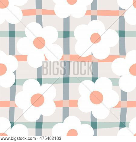1970 Daisy Seamless Pattern With Trippy Grid. Naive Groovy Background. Doodle Boho Pattern Of Natura