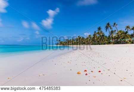 Untouched Lonely Tropical Beach In Maldives Crossroads, Saii Lagoon. July 2021. Seas Shells And Cora