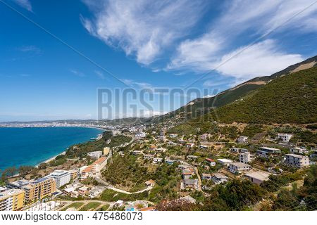 Attractive Spring Cityscape Of Vlore City From Kanines Fortress. Captivating Morning Sescape Of Adri