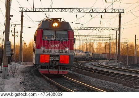 Sharya, Russia - March 19, 2022: Russian Modern Electric Locomotive 2es5k 