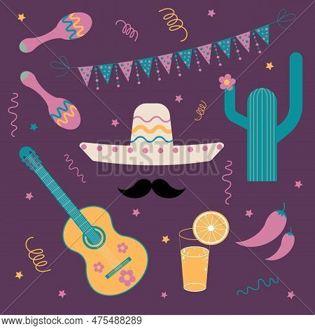 Vector Mexican Party Set. Isolated On Puple Backgroung Flags, Maracas, Guitar, Stars, Blossom Cactus
