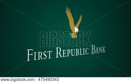 New York, Us, March 2023: White First Republic Bank Logo On A Green Background. In March 2023, First