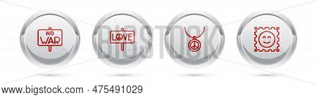 Set Line No War, Peace, Necklace With Peace Symbol And Lsd Acid Mark. Silver Circle Button. Vector