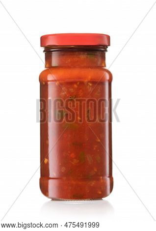 Glass Jar With Taco Nachos Salsa Hot Dip Sauce On White.