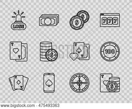 Set Line Playing Card With Diamonds, Casino Chip And Playing Cards, Dollar, Online Poker Table Game,