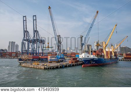 Cartagena, Columbia - March 31, 2023: Shipping And Port Facilities At Caragena, Columbia.