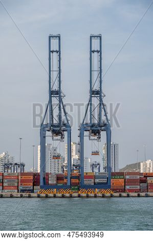 Cartagena, Columbia - March 31, 2023: Shipping And Port Facilities At Caragena, Columbia.