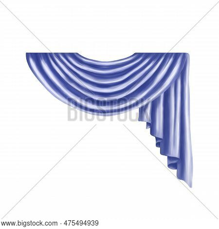 Blue Horizontal Draperies For Decorations Window Or Door Openings, Lambrequins Made Of Satin Fabric.